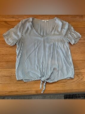 Madewell Striped V-Neck Tie-Front Top - White & Navy Size Small